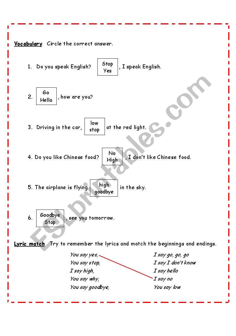 Song For Beginners Practice Opposites Hello Goodbye By The Beatles 3 Pages W Exercises Lyrics Esl Worksheet By Brookee